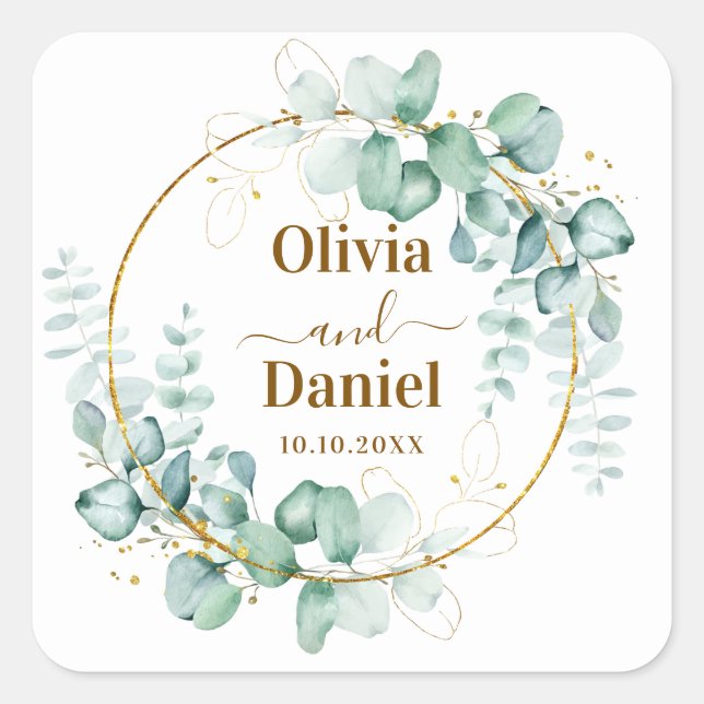 Botanical Gold Greenery Personalised Save the Date Square Sticker (Front)