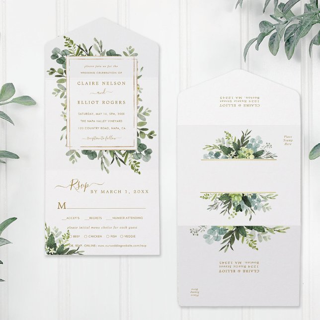 Botanical Gold Greenery Wedding All In One Invitation (Front & Back)
