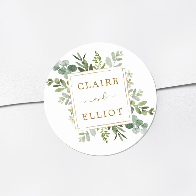 Botanical Gold Greenery Wedding Classic Round Sticker (Creator Uploaded)