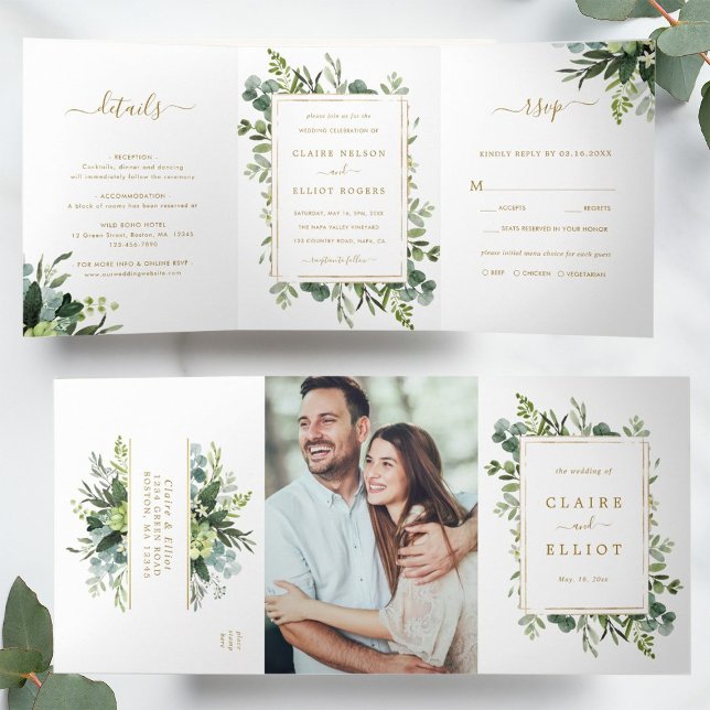 Botanical Gold Greenery Wedding Photo Tri-Fold Invitation (Inside & Outside)
