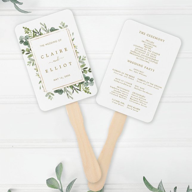 Botanical Gold Greenery Wedding Program Hand Fan (Front & Back)