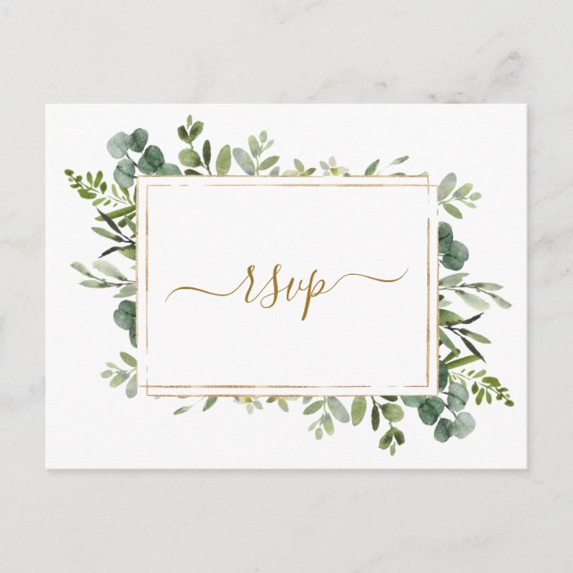 Botanical Gold Greenery Wedding RSVP Invitation Postcard (Front)