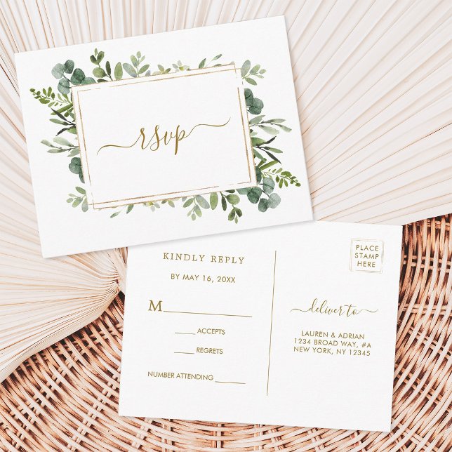 Botanical Gold Greenery Wedding RSVP Invitation Postcard (Front & Back)
