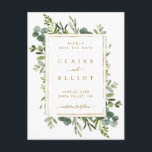 Botanical Gold Greenery Wedding Save the Date Announcement Postcard<br><div class="desc">This wedding save the date postcard features painted watercolor eucalyptus greenery,  green leaves and a gold rectangle frame. For more advanced customisation of this design,  Please click the "Customise further" link.  Matching items are also available.</div>