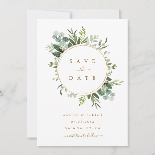 Botanical Gold Greenery Wedding Save the Date Card (Front)