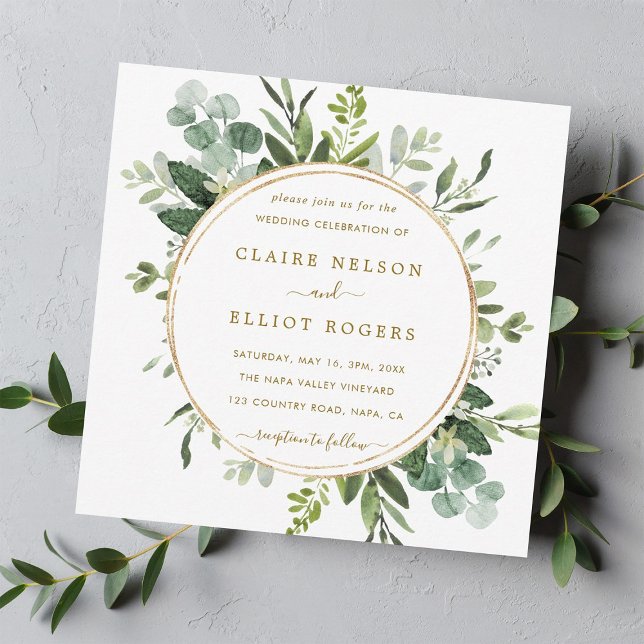 Botanical Gold Greenery Wedding Square Invitation (Creator Uploaded)