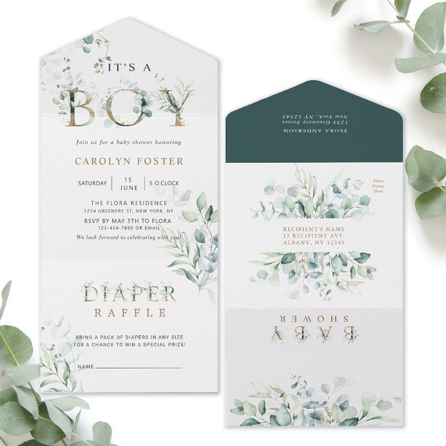 Botanical Gold Letter Baby Shower | Diaper Raffle All In One Invitation (Inside & Outside)
