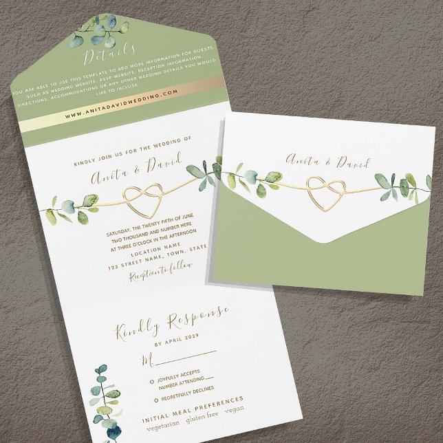 Botanical Gold Sage Green Wedding  All In One Invitation (Creator Uploaded)