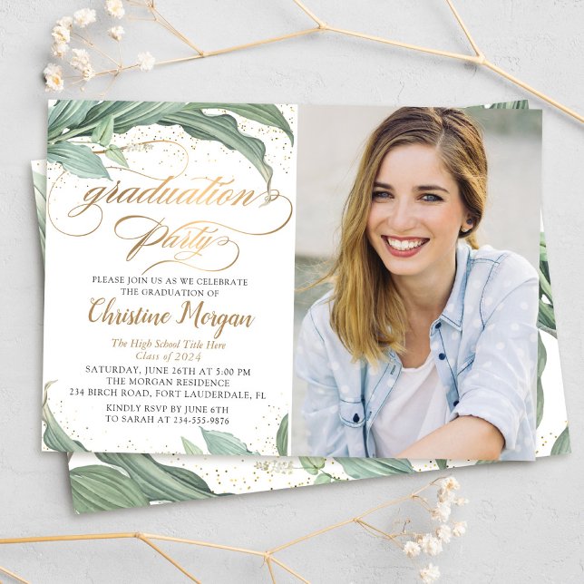 Botanical Gold Script Graduation Party Photo Invitation (Creator Uploaded)