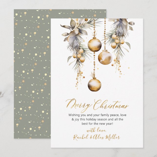 Botanical Gold Script Non Photo Merry Christmas Holiday Card (Front/Back)