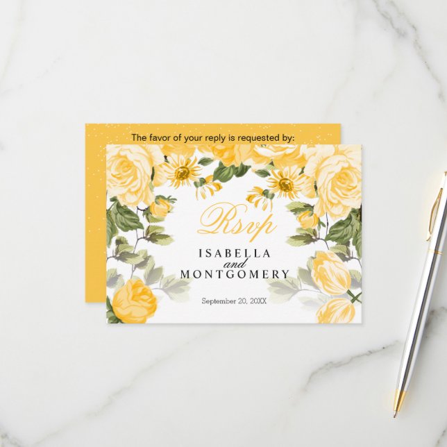 Botanical Golden Yellow Floral - RSVP Card (Front/Back In Situ)