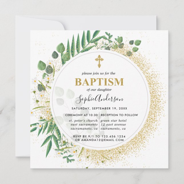 Botanical Green And Gold Baptism Invitation (Front)