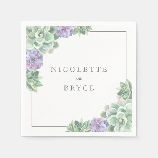 Botanical Green and Purple Succulents Wedding Napkin (Front)
