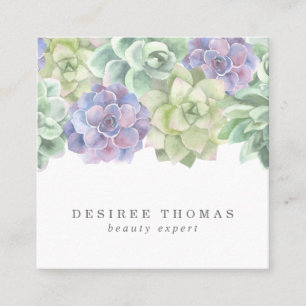 Botanical Green and Purple Watercolor Succulents Square Business Card