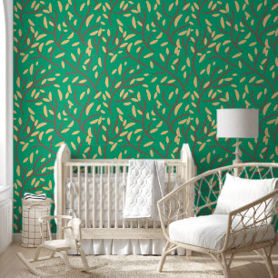 Botanical Green Blue Forest Leaves Vines Beige Wallpaper