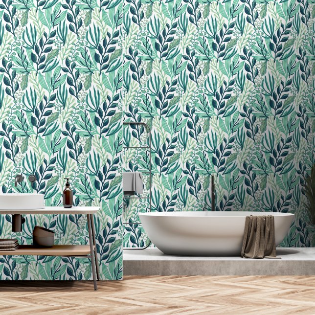 Botanical green blue leaves wallpaper  (Bathroom)