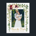 Botanical Green Burgundy Floral Save The Date Gold Announcement Postcard<br><div class="desc">Modern Elegant,  Botanical Green Eucalyptus Leaves,  Watercolor Burgundy Floral,  Gold Frame,  Save The Date Engagement Photo Postcard</div>