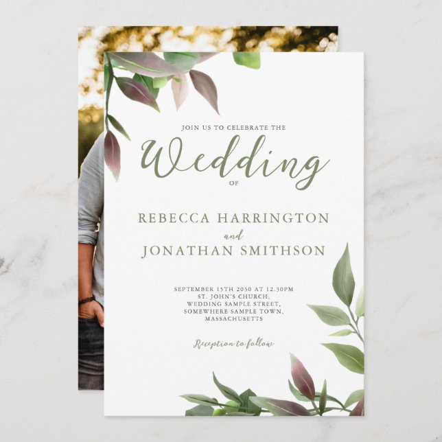 Botanical Green Burgundy Photo Wedding Invitation (Front/Back)