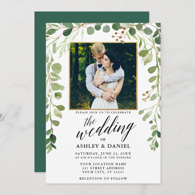 Botanical Green Calligraphy Wedding Gold Frame Invitation (Front/Back)