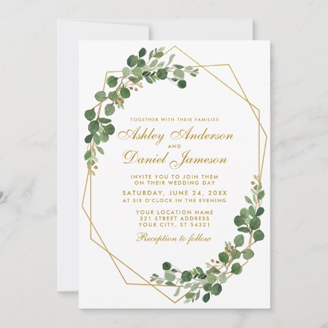 Botanical Green Eucalyptus Gold Geometric Wedding Invitation (Front)