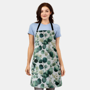 Botanical Green Eucalyptus White Floral Pattern Apron