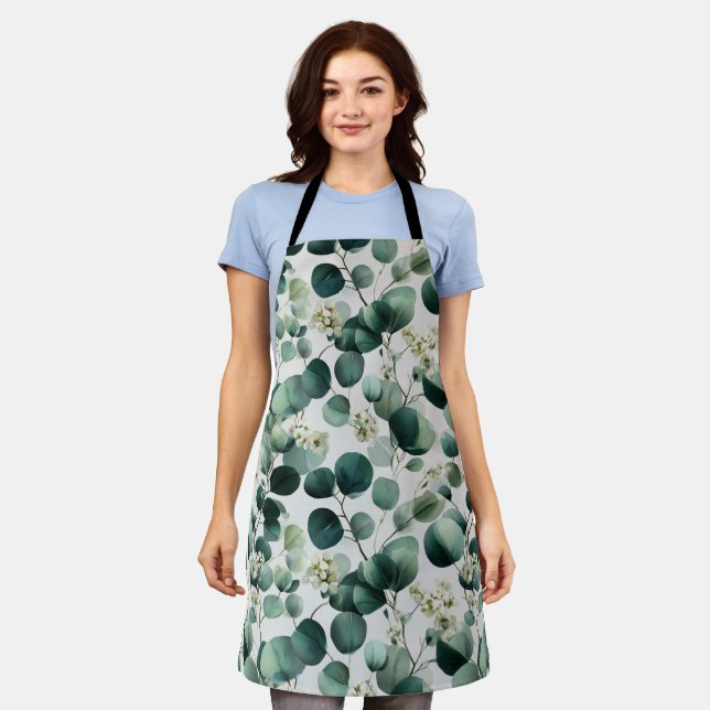 Botanical Green Eucalyptus White Floral Pattern Apron (Worn)