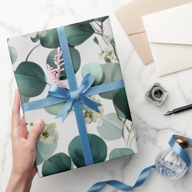 Botanical Green Eucalyptus White Floral Pattern Wrapping Paper (Gifting)