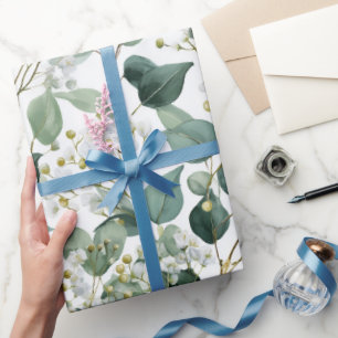 Botanical Green Eucalyptus White Floral Pattern Wrapping Paper