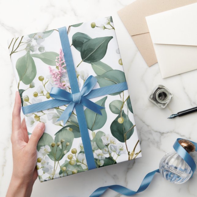 Botanical Green Eucalyptus White Floral Pattern Wrapping Paper (Gifting)