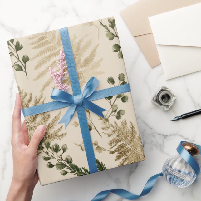 Botanical Green Fern Beige Floral Pattern Wrapping Paper (Gifting)