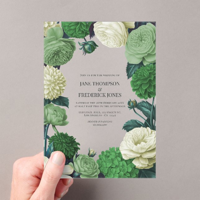 Botanical Green, Fern Shadow & Ivory Bud Wedding Acrylic Invitations (Insitu (Handheld))