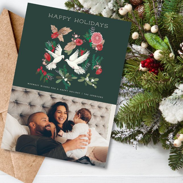 Botanical Green Floral & Doves | Christmas Holiday Card (Botanical Green Floral & Doves | Christmas Holiday)
