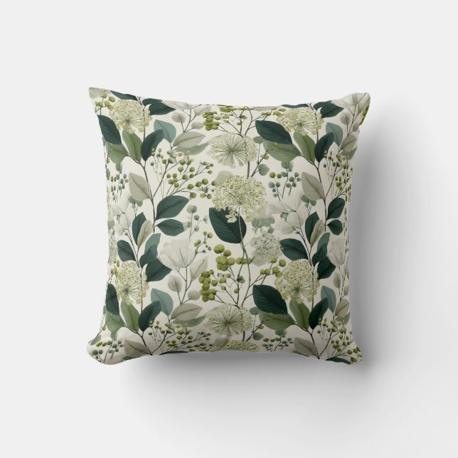 Botanical Green Flower Cream Floral Pattern Cushion (Front)