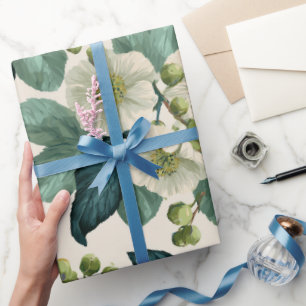 Botanical Green Flower Cream Floral Pattern Wrapping Paper