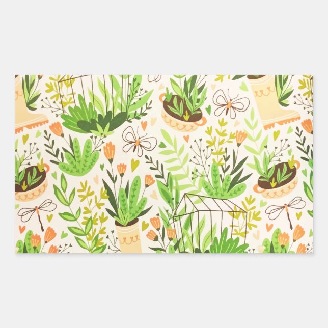 Botanical Green Flowers Blooming Garden Rectangular Sticker (Front)
