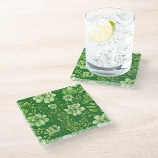 Botanical green flowers pattern glass coaster