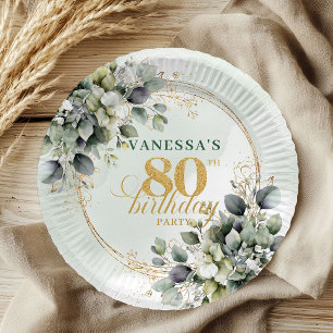 Botanical Green Gold Eucalyptus 80th Birthday  Paper Plate