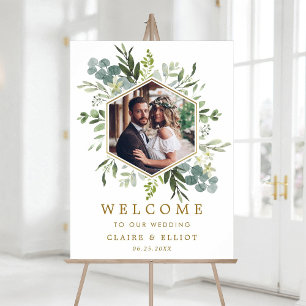 Botanical Green Gold Hexagon Photo Wedding Welcome Poster