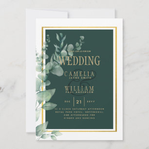 Botanical Green Gold Wedding Invitation Emerald