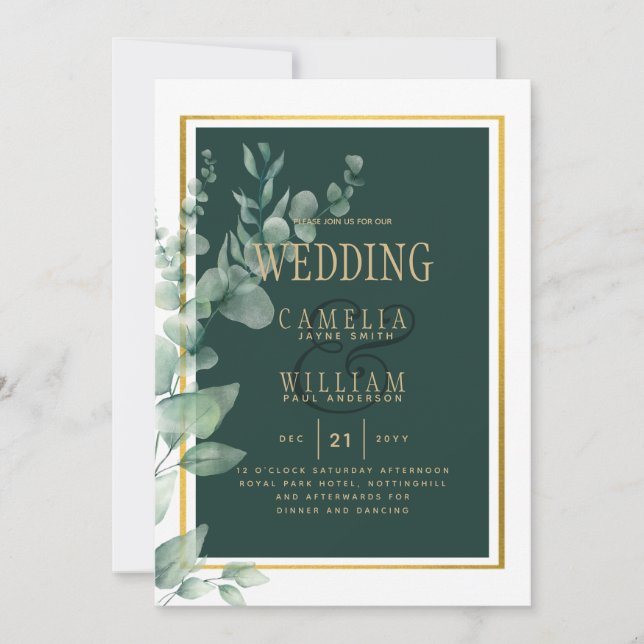 Botanical Green Gold Wedding Invitation Emerald (Front)
