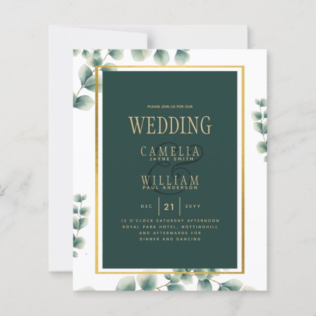 Botanical Green Gold Wedding Invitation Emerald (Front)