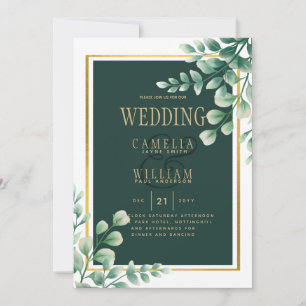 Botanical Green Gold Wedding Invitation Emerald