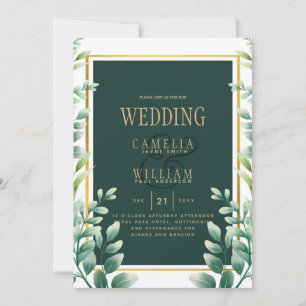 Botanical Green Gold Wedding Invitation Emerald
