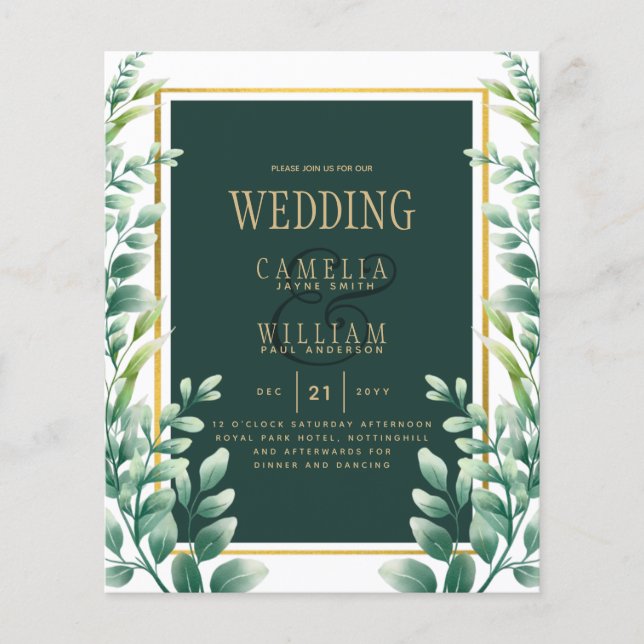 Botanical Green Gold Wedding Invitation Emerald Flyer (Front)