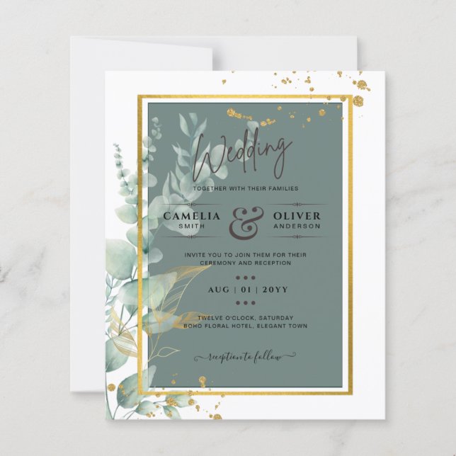Botanical Green Gold Wedding Invitation Sage (Front)