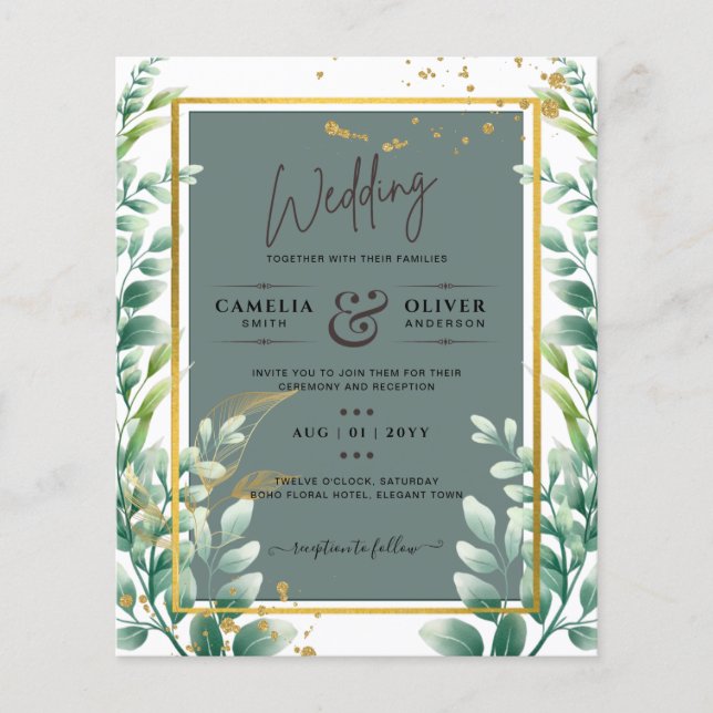 Botanical Green Gold Wedding Invitation Sage Flyer (Front)