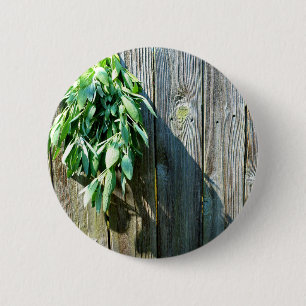 Botanical green herbs distressed wood grain 6 cm round badge