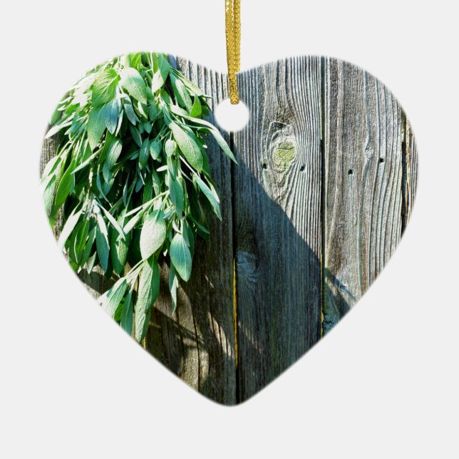 Botanical green herbs distressed wood grain ceramic tree decoration (Front)