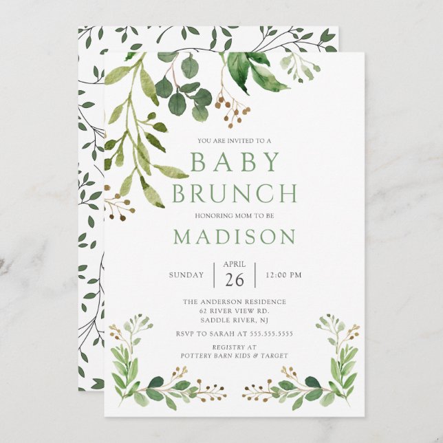 Botanical Green Leaf Baby Brunch Invitation (Front/Back)