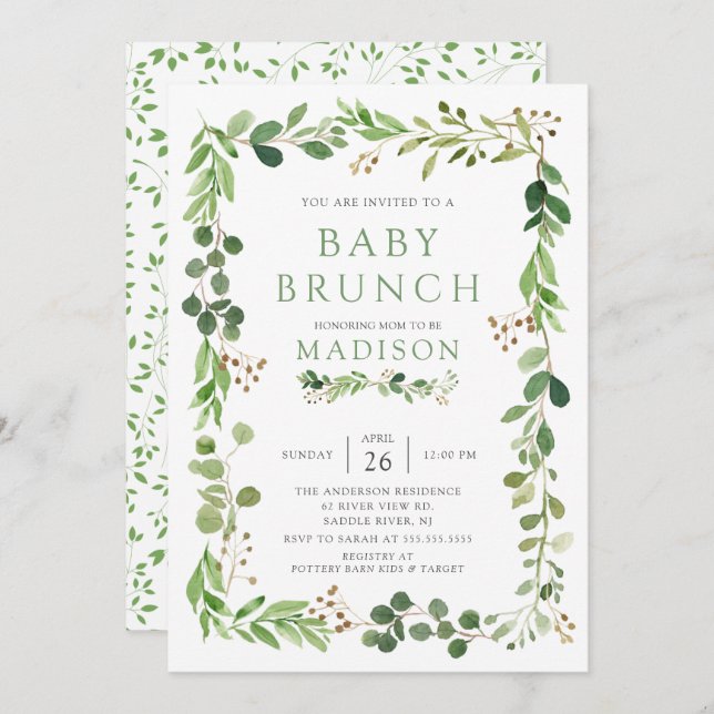 Botanical Green Leaf Baby Brunch Invitation (Front/Back)
